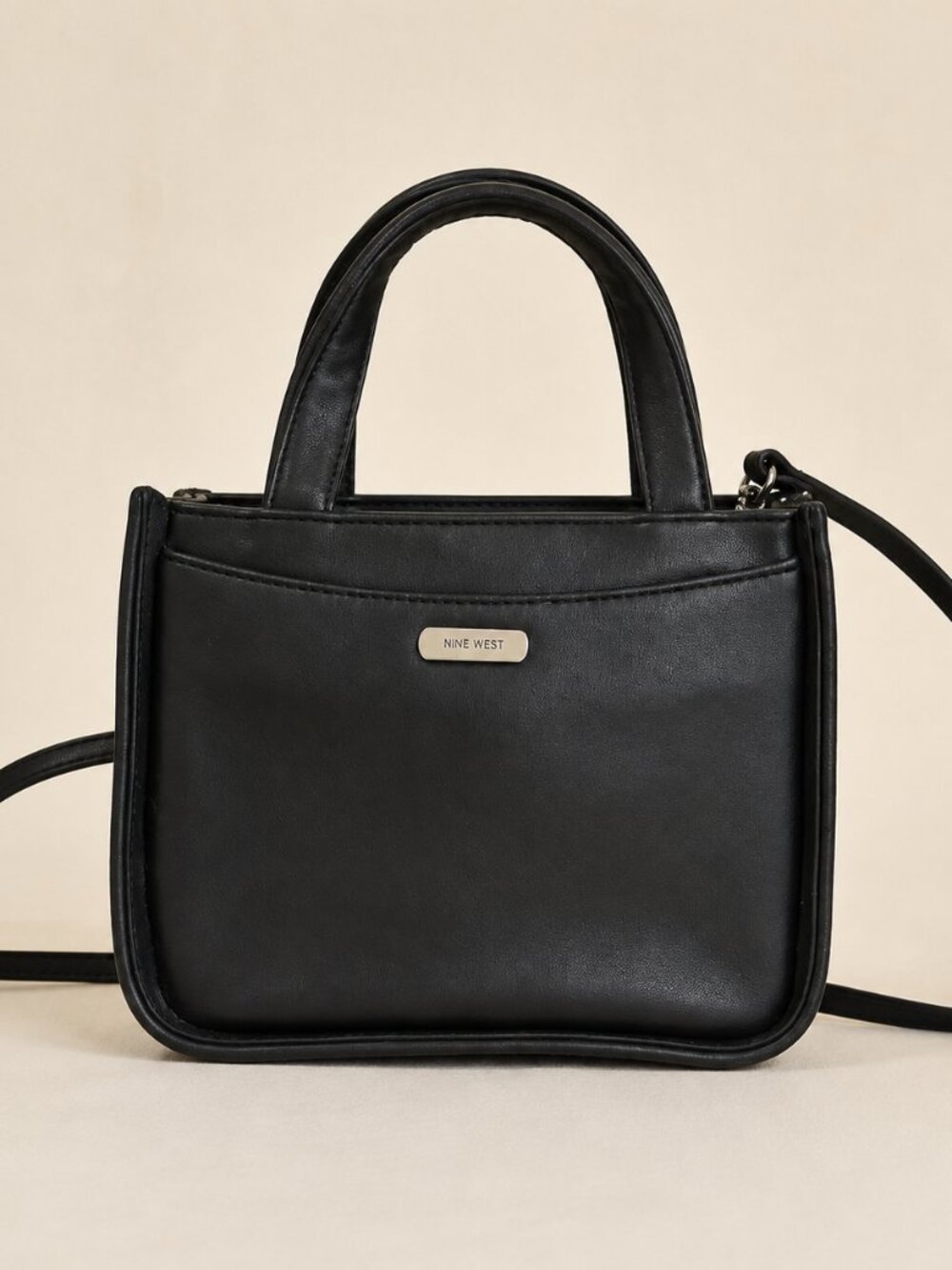 Nine West Black Faux Leather Mini Crossbody Bag Top Handle Silver Hardware